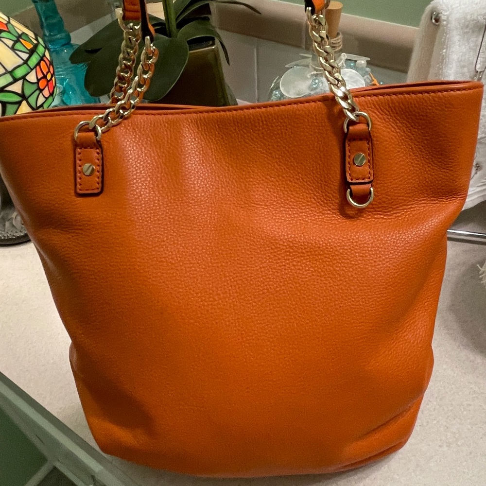 Michael Kors Fulton Chain Leather Shoulder Tote Large Handbag Tangerine